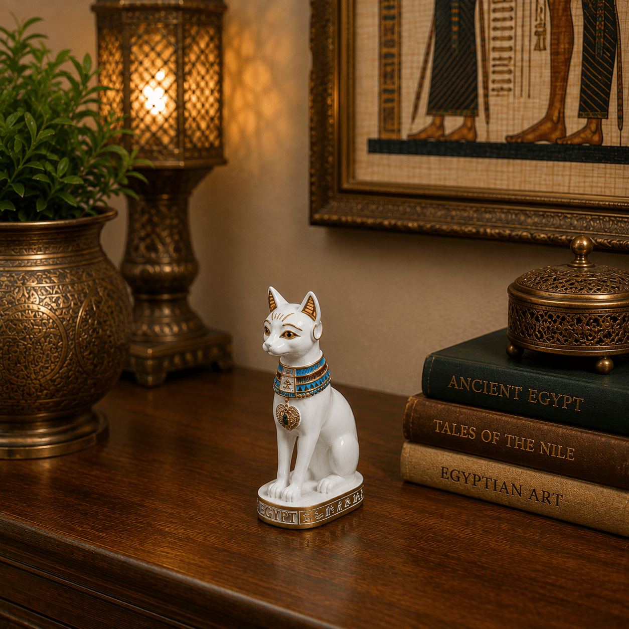 Figura Decorativa Egipcia Bastet Blanca de Armonía y Luz Pequeña - BOUTIQUEDELAINDIA