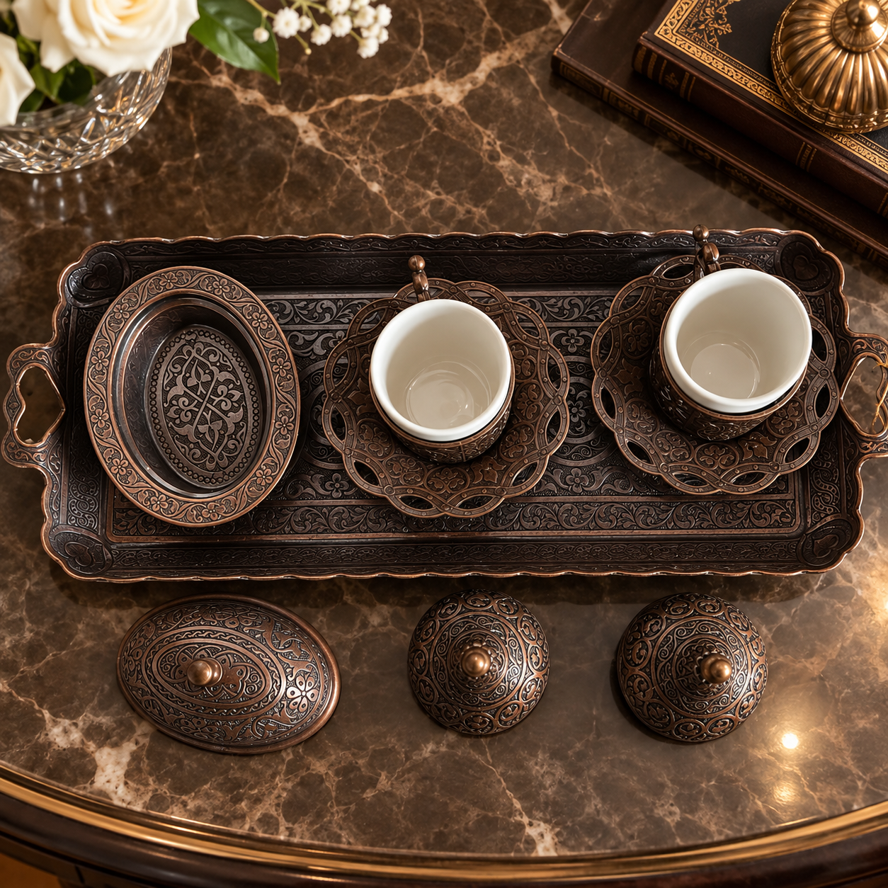 Set de Té Oriental con Bandeja Ornamentada - BOUTIQUEDELAINDIA