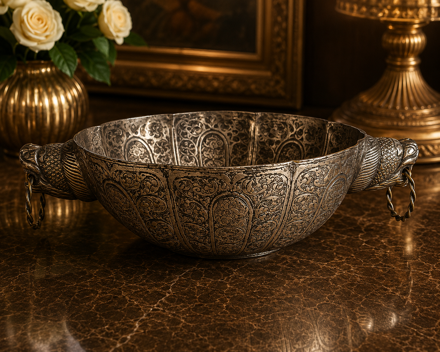 Cuenco Oriental de Metal con Asas de Leones Toques Dorados - BOUTIQUEDELAINDIA
