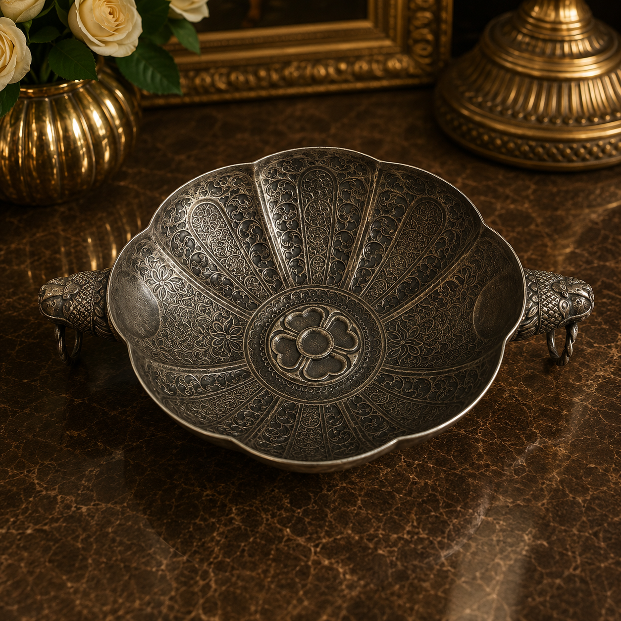 Cuenco Oriental de Metal con Asas de Leones Toques Dorados - BOUTIQUEDELAINDIA