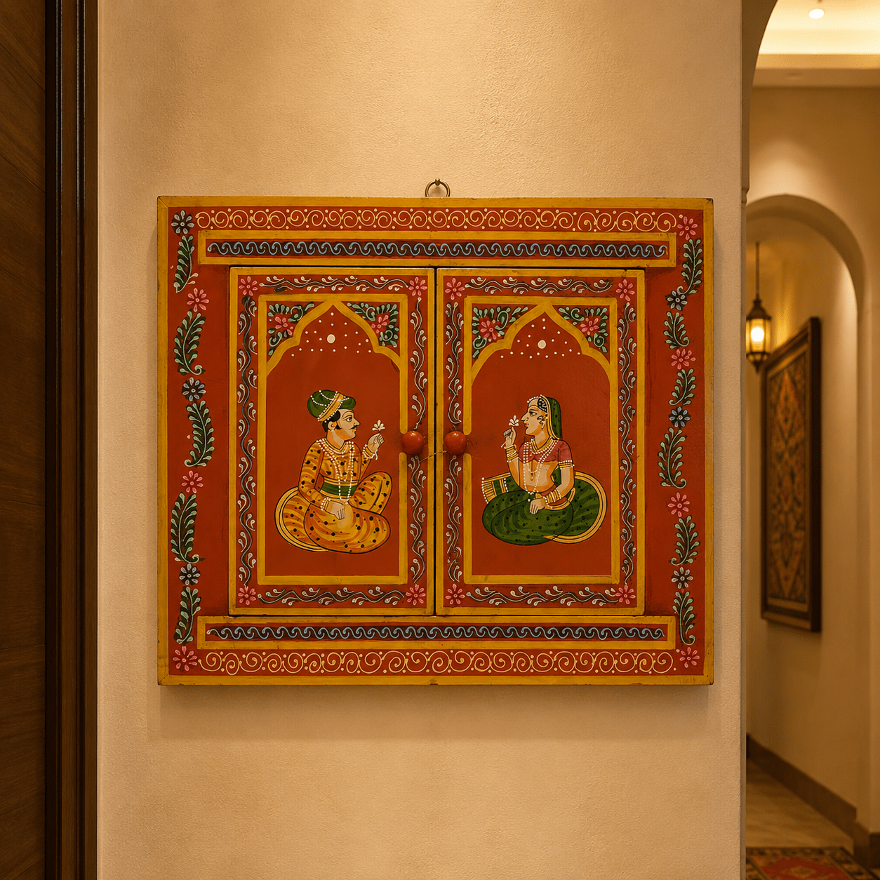 Espejo Artesanal con Puertas y Escena Oriental Pintada - BOUTIQUEDELAINDIA