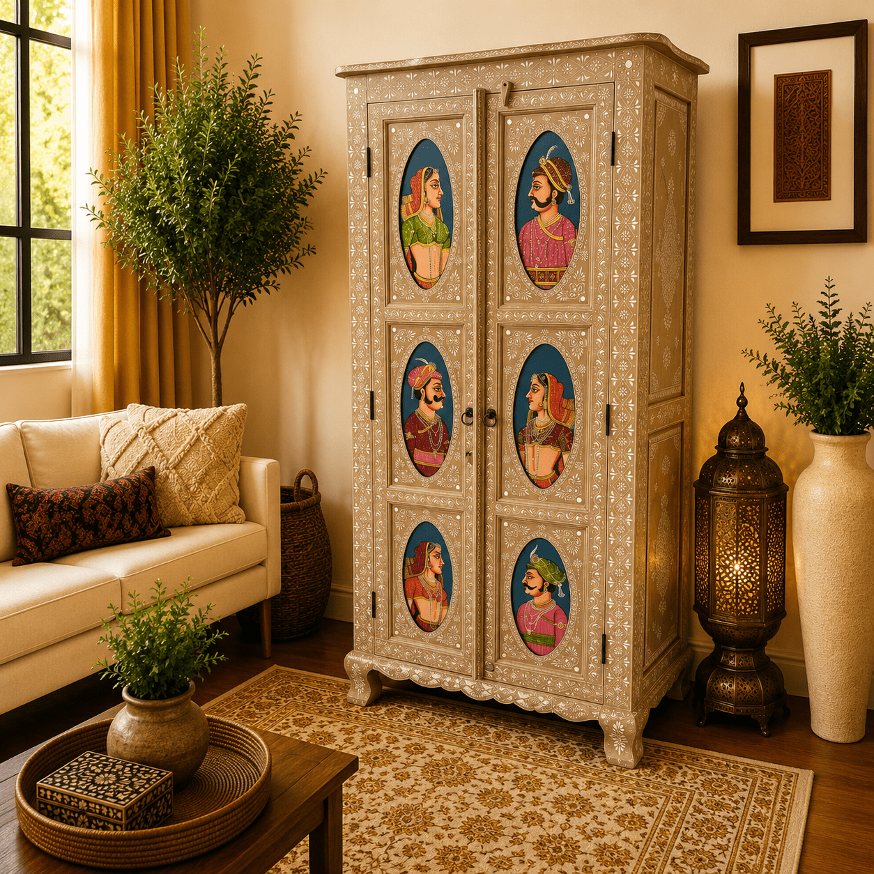Armario Oriental Blanco con Arte de la Realeza Hindú - BOUTIQUEDELAINDIA