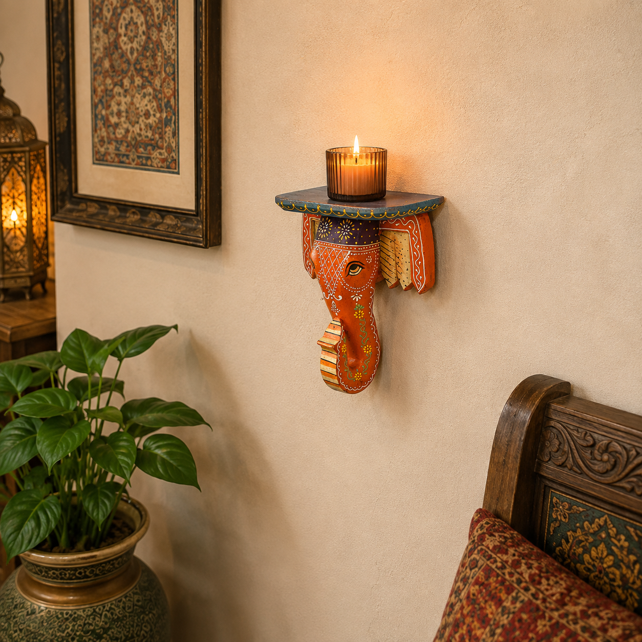 Repisa decorativa, madera, elefante artesanal, velas, figuras y decoración, oriental y étnica, cuadro hindú, Boutique de la India
