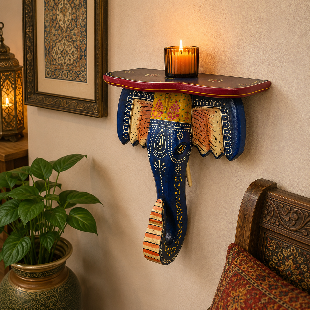 Repisa decorativa, madera, elefante artesanal, velas, figuras y decoración, oriental y étnica, cuadro hindú, Boutique de la India