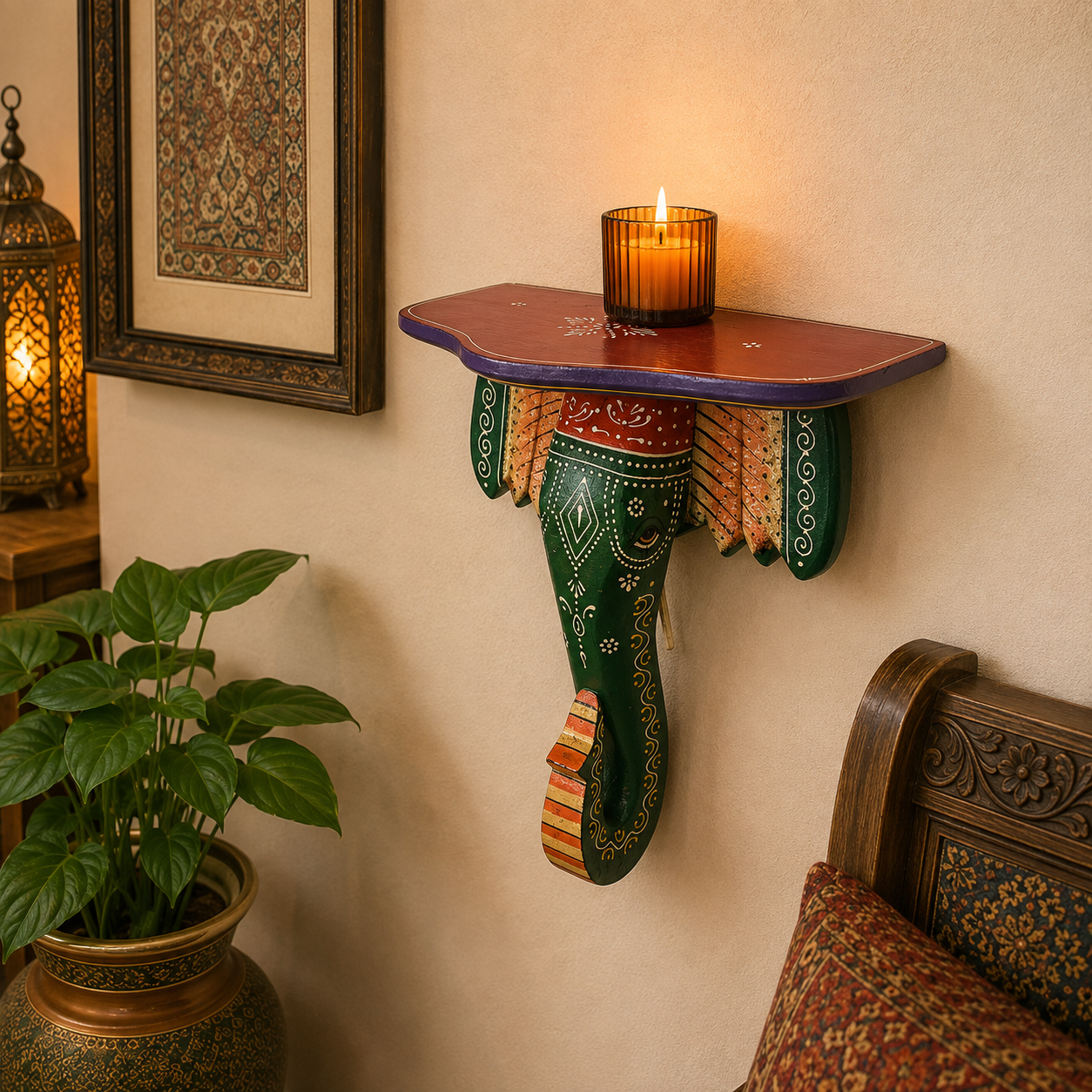 Repisa decorativa, madera, elefante artesanal, velas, figuras y decoración, oriental y étnica, cuadro hindú, Boutique de la India