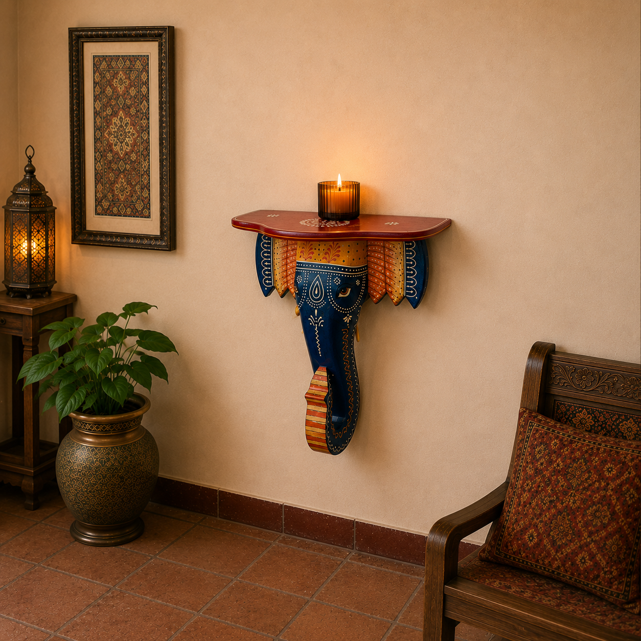 Repisa decorativa, madera, elefante artesanal, velas, figuras y decoración, oriental y étnica, cuadro hindú, Boutique de la India