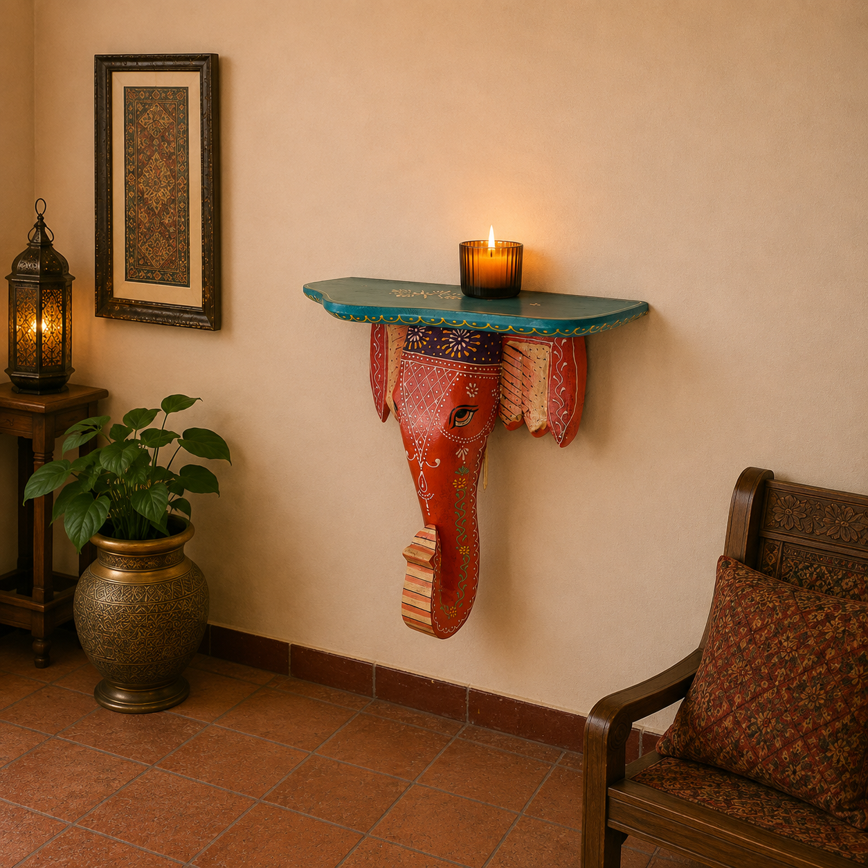 Repisa decorativa, madera, elefante artesanal, velas, figuras y decoración, oriental y étnica, cuadro hindú, Boutique de la India