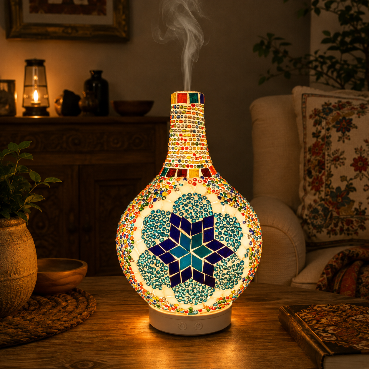 Lámpara turca mosaico, humidificador LED, difusor de aromas, Boutique de la India Colombia