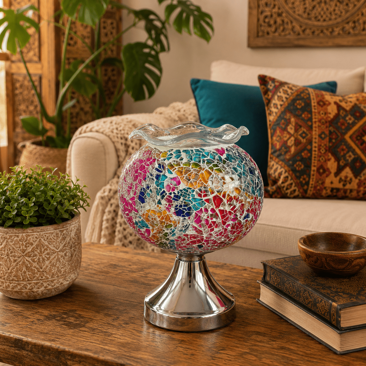 Lámpara Quemador de Esencias Turca Mosaico Grande Arcoiris - BOUTIQUEDELAINDIA