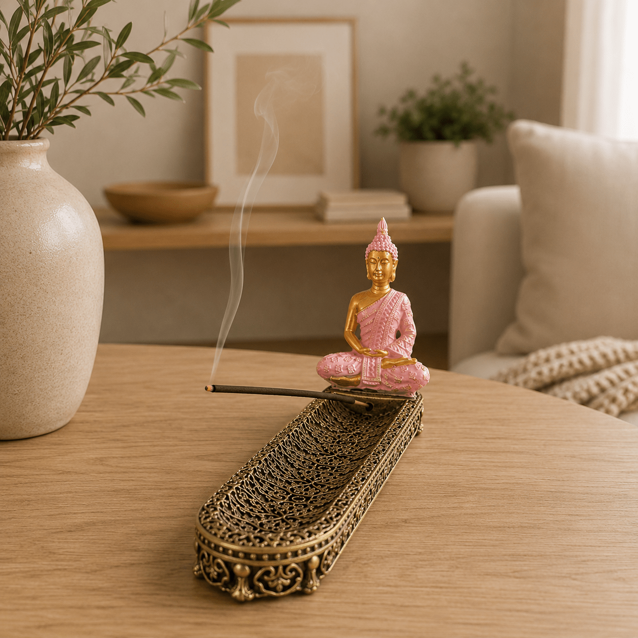 Porta Incienso Decorativo Buda Meditador Dorado y Rosa - BOUTIQUEDELAINDIA