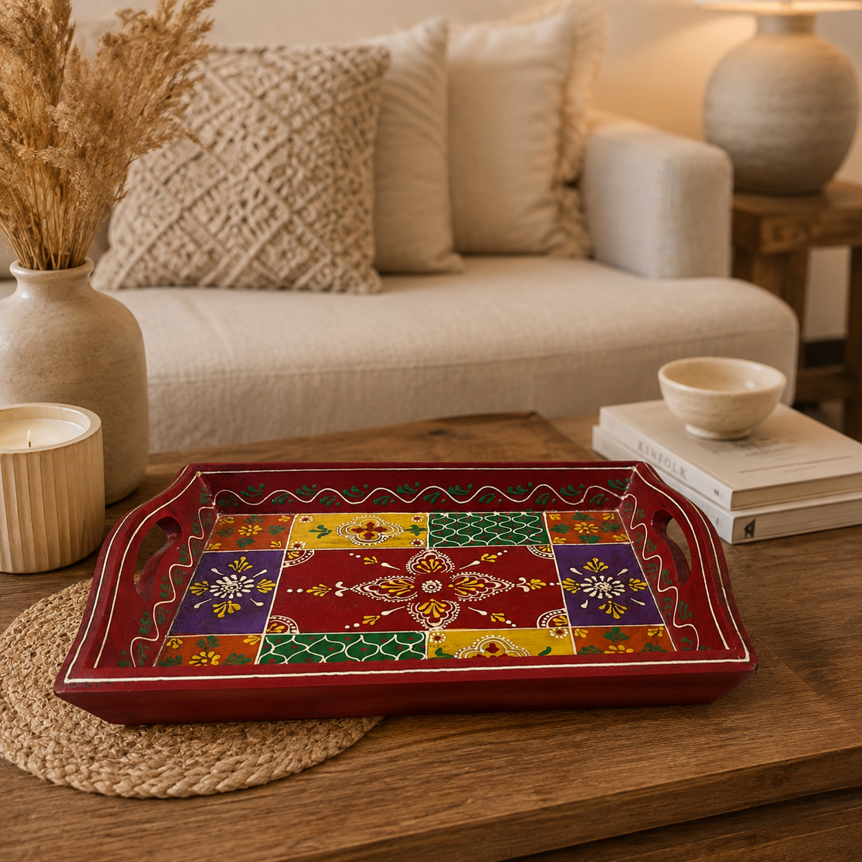 Bandeja artesanal, bandeja de madera, bandeja decorativa, Boutique de la India Colombia