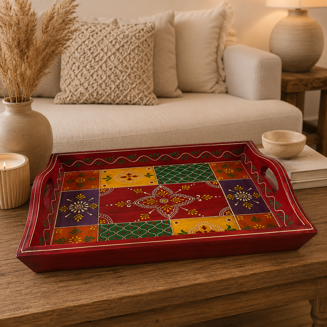 Bandeja artesanal, bandeja de madera, bandeja decorativa, Boutique de la India Colombia