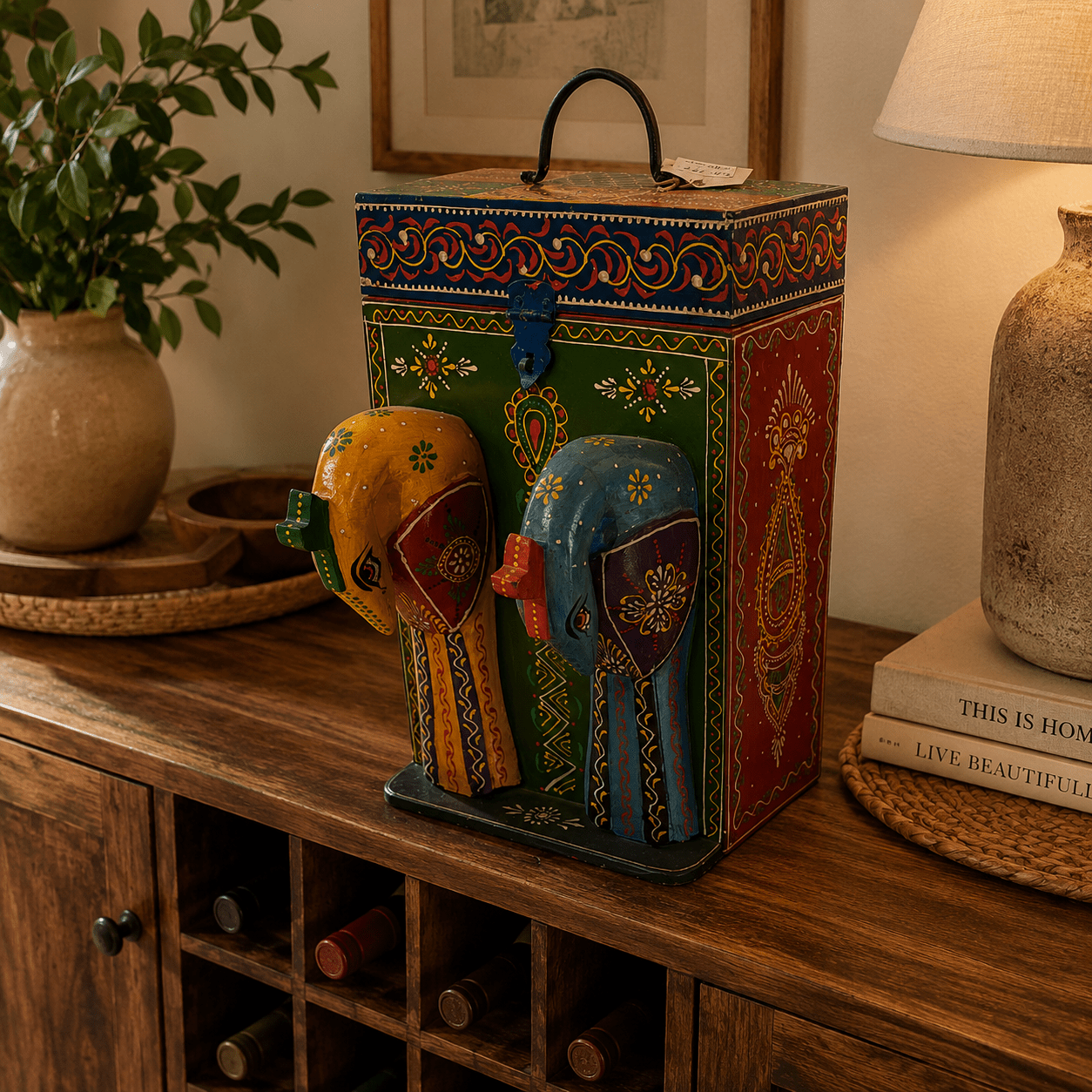 Portavino Artesanal Doble Loro Rajasthan - BOUTIQUEDELAINDIA