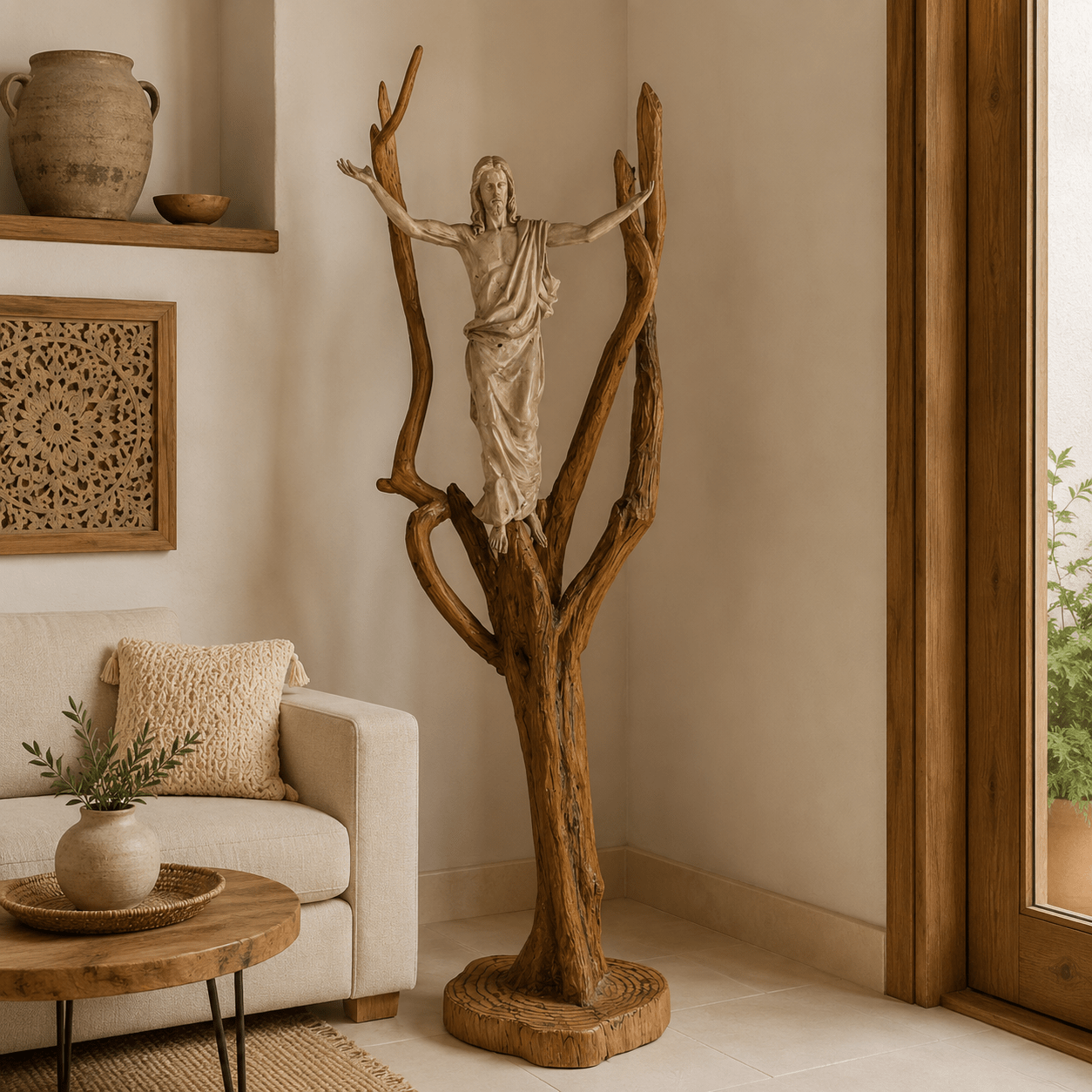 Figura Cristo Resucitado sobre Árbol de Madera Natural - BOUTIQUEDELAINDIA