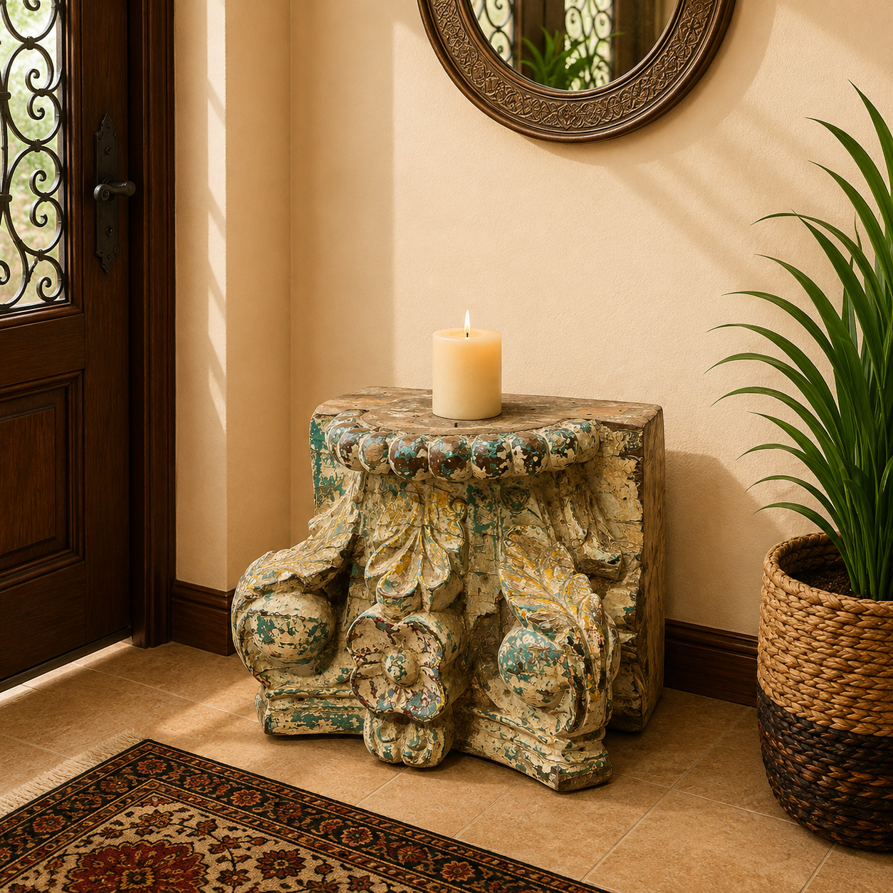 Portavela de Madera Orchha Tallado Floral - BOUTIQUEDELAINDIA