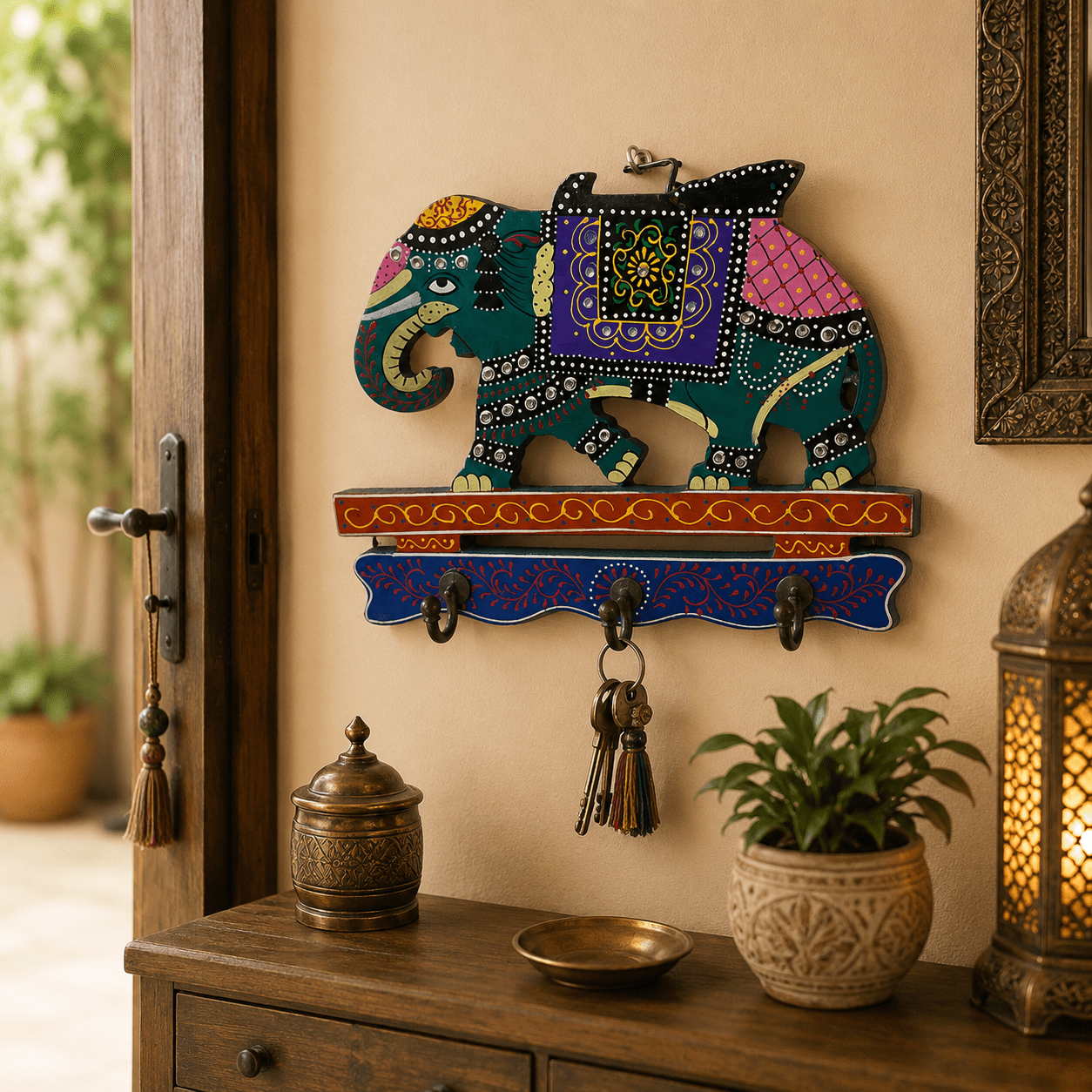 Porta llaves Decorativo Gajendra con Elefante en Madera - BOUTIQUEDELAINDIA