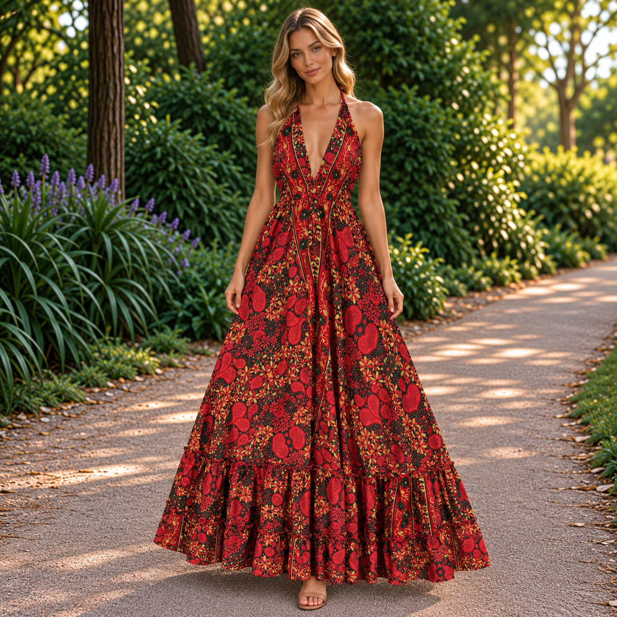 Vestido Mara Largo Rojo Floral - BOUTIQUEDELAINDIA