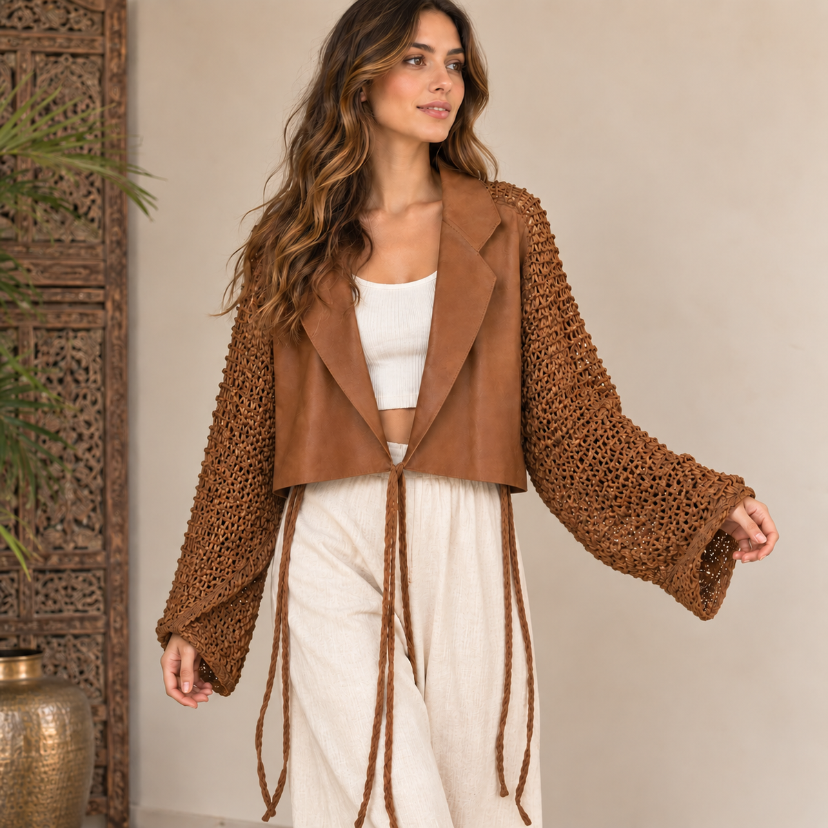 Chaqueta de Cuero Tejida Amara Boho Artesanal - BOUTIQUEDELAINDIA