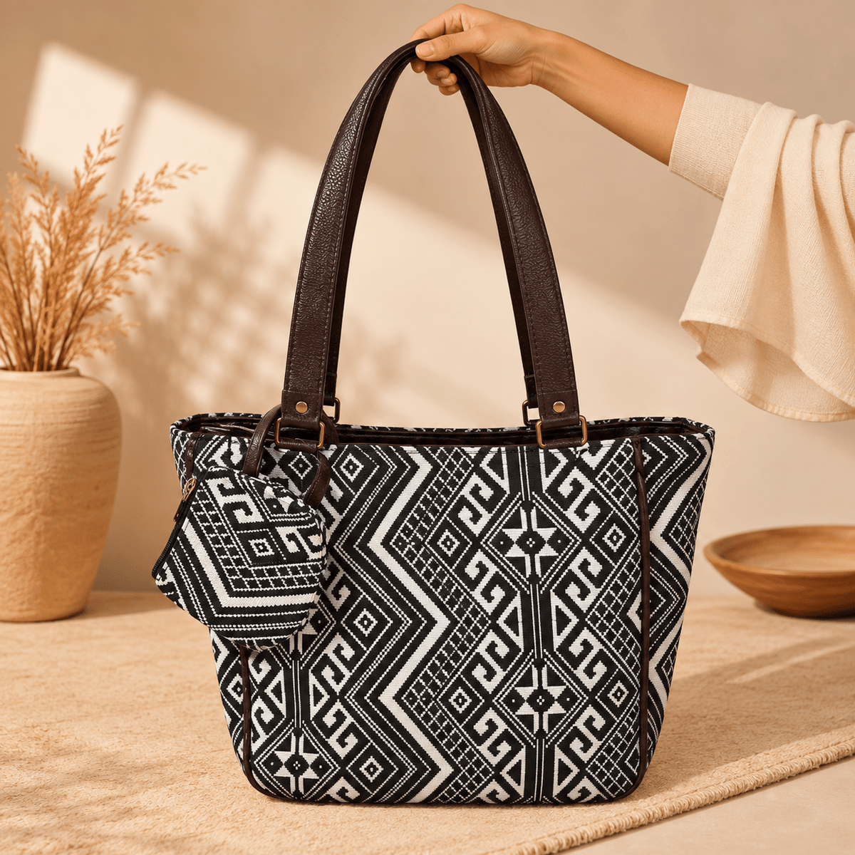Bolso Artesanal Kashi Blaco y Negro - BOUTIQUEDELAINDIA