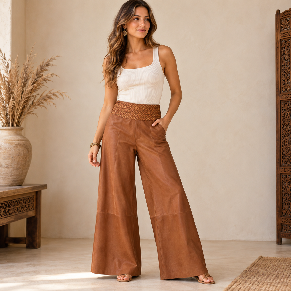 Pantalón de Cuero Anaya Tejido Acampanado - BOUTIQUEDELAINDIA