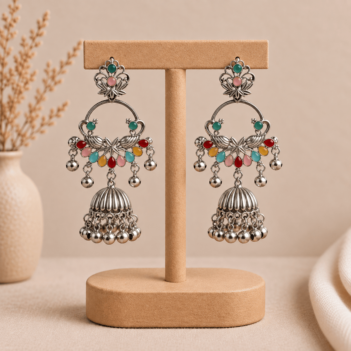 Aretes Jhumka Mayuri en Bronce Plateado - BOUTIQUEDELAINDIA