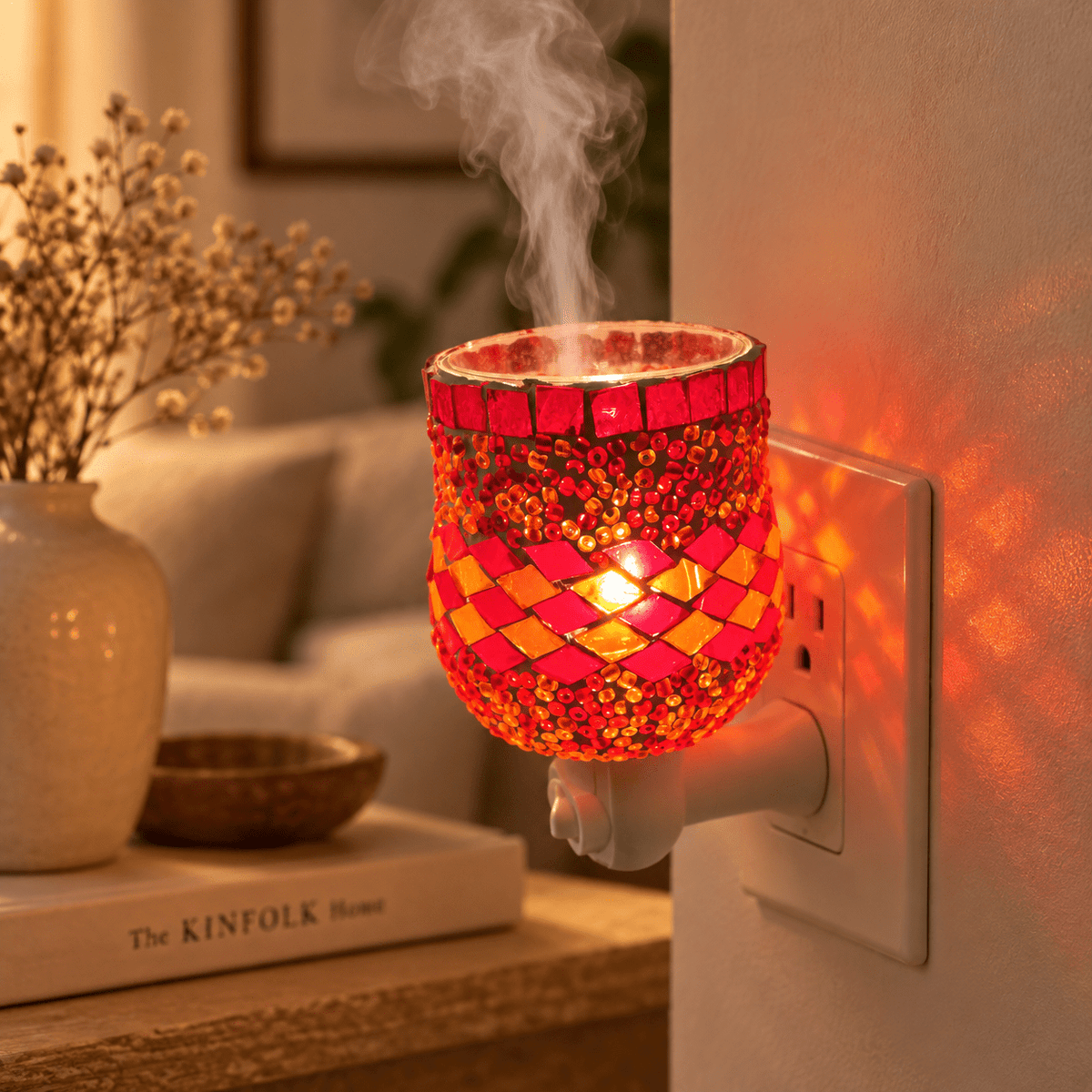 Lámpara Humidificadora Agni Roja de Mosaico con Esenciero - BOUTIQUEDELAINDIA