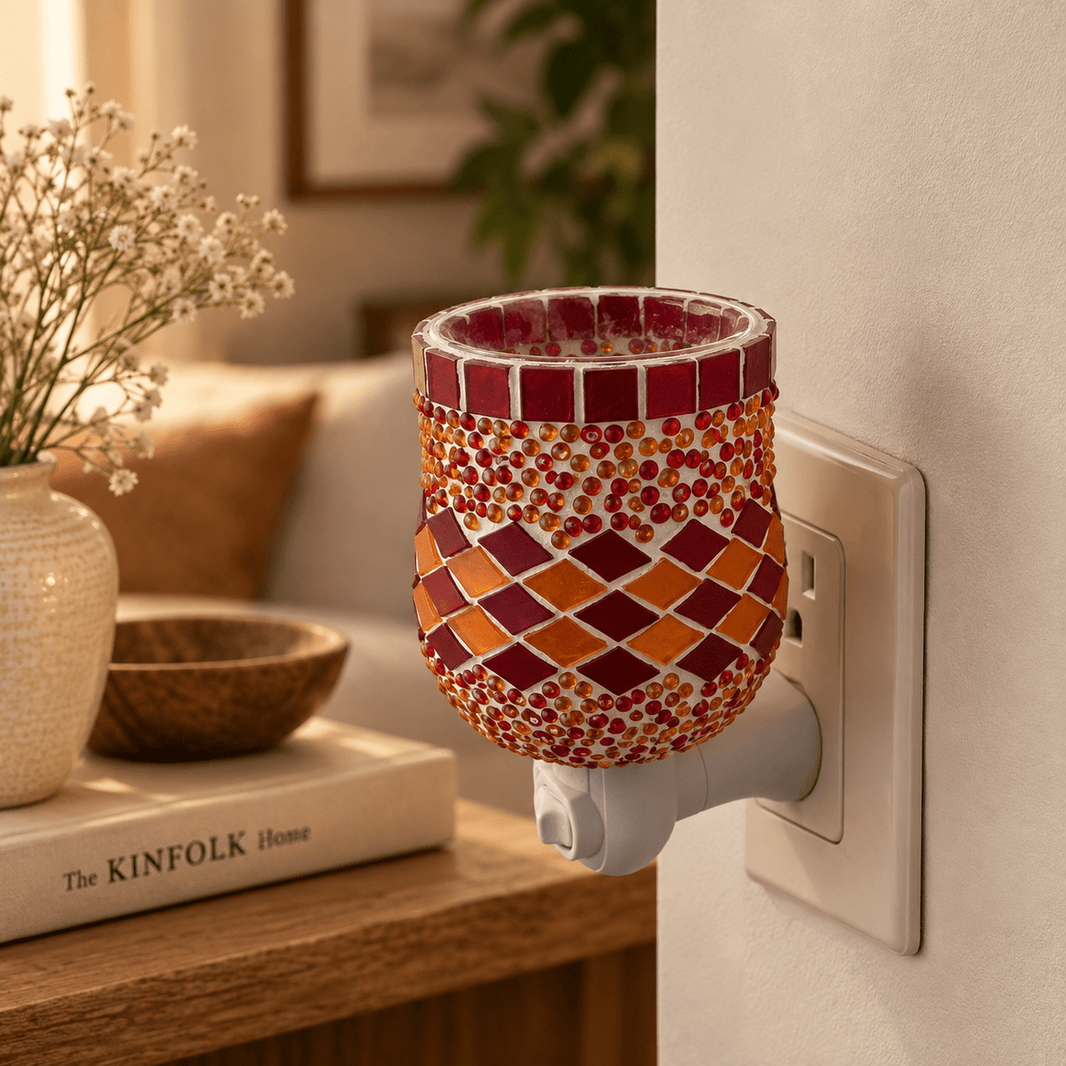 Lámpara Humidificadora Agni Roja de Mosaico con Esenciero - BOUTIQUEDELAINDIA