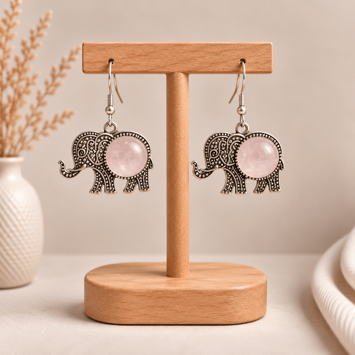 Aretes Elefante Cuarzo Rosado Suave - BOUTIQUEDELAINDIA