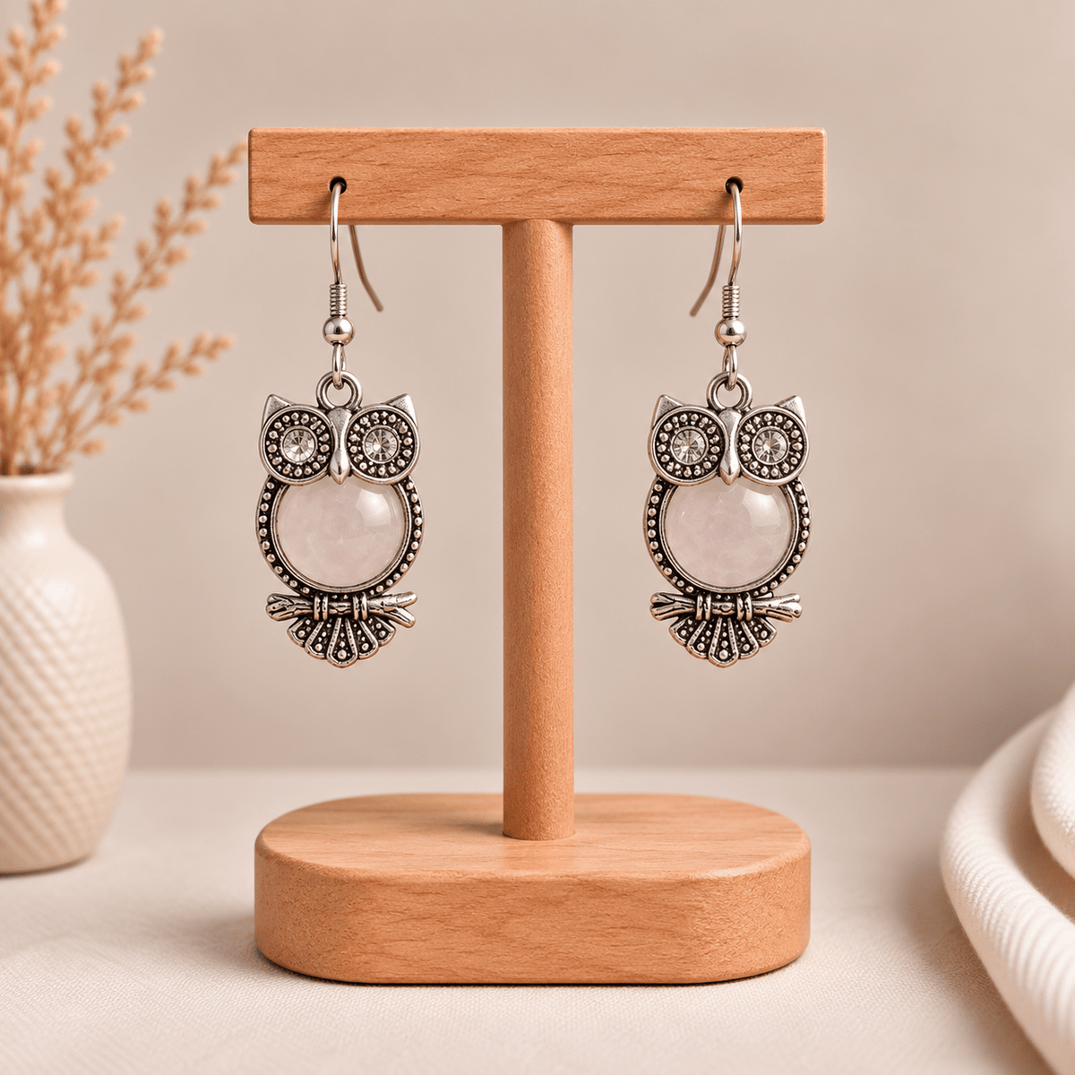 Aretes Búhos Cuarzo Rosa Estilo Boho - BOUTIQUEDELAINDIA
