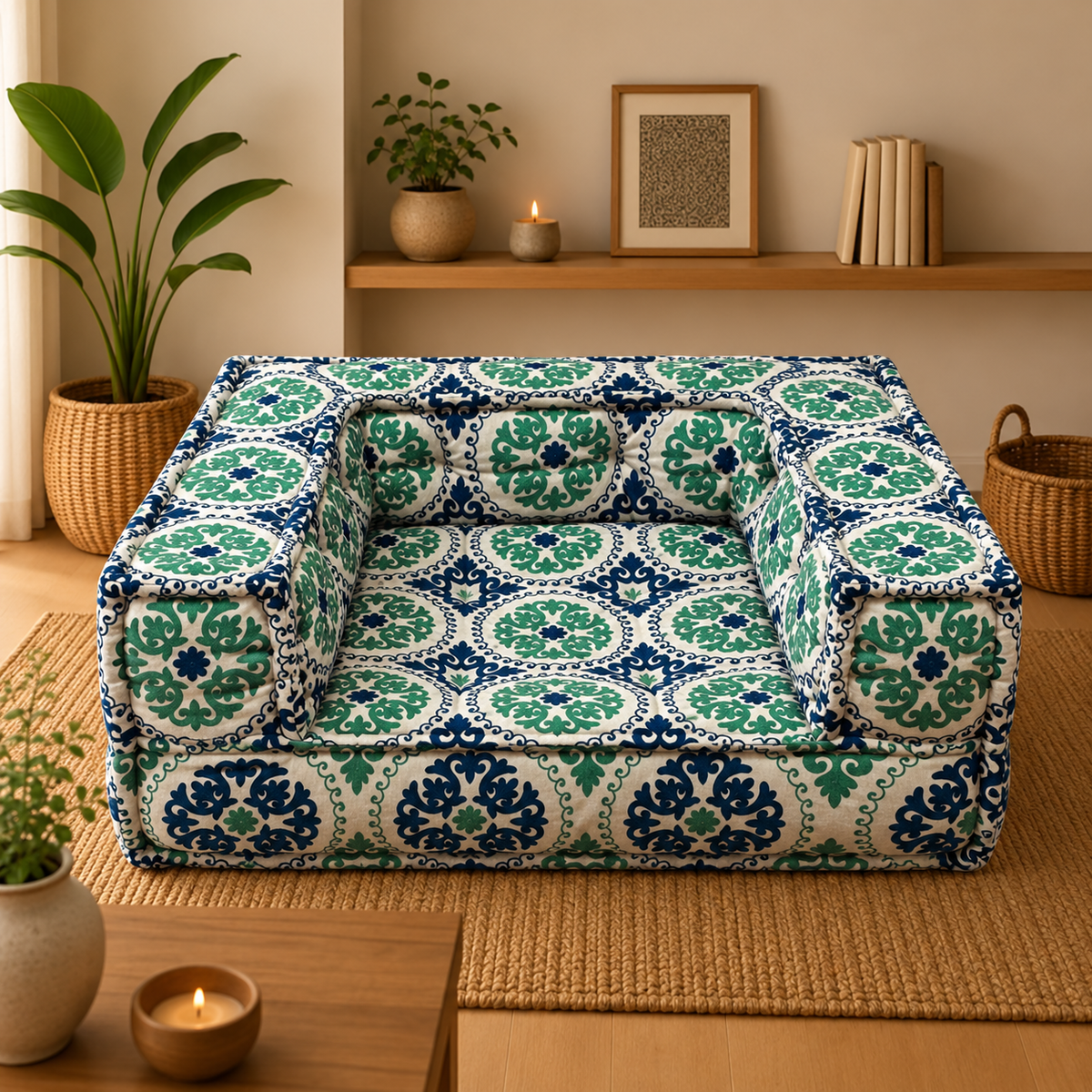 Sofá de Piso Bordado Anika Azul y Verde - BOUTIQUEDELAINDIA