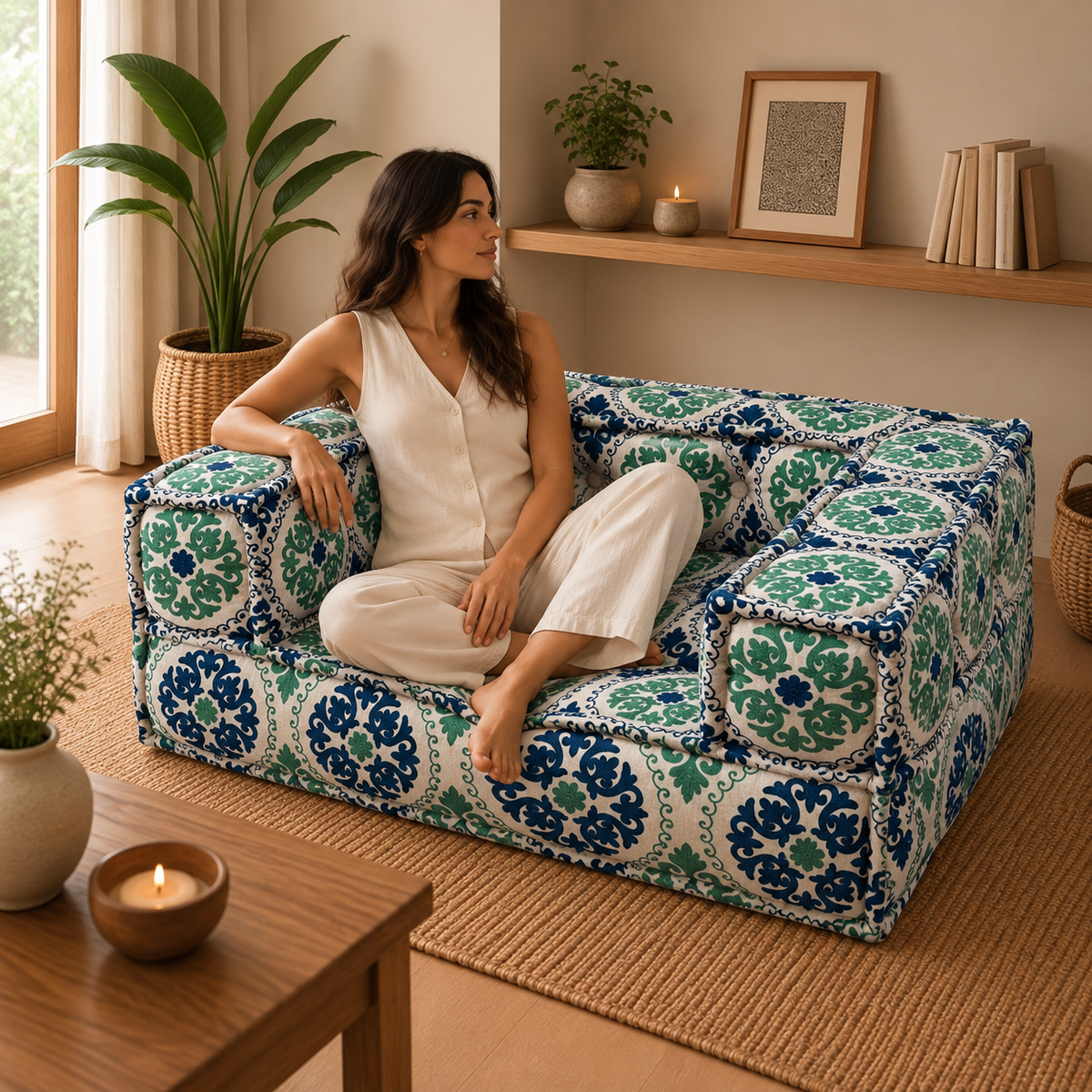 Sofá de Piso Bordado Anika Azul y Verde - BOUTIQUEDELAINDIA