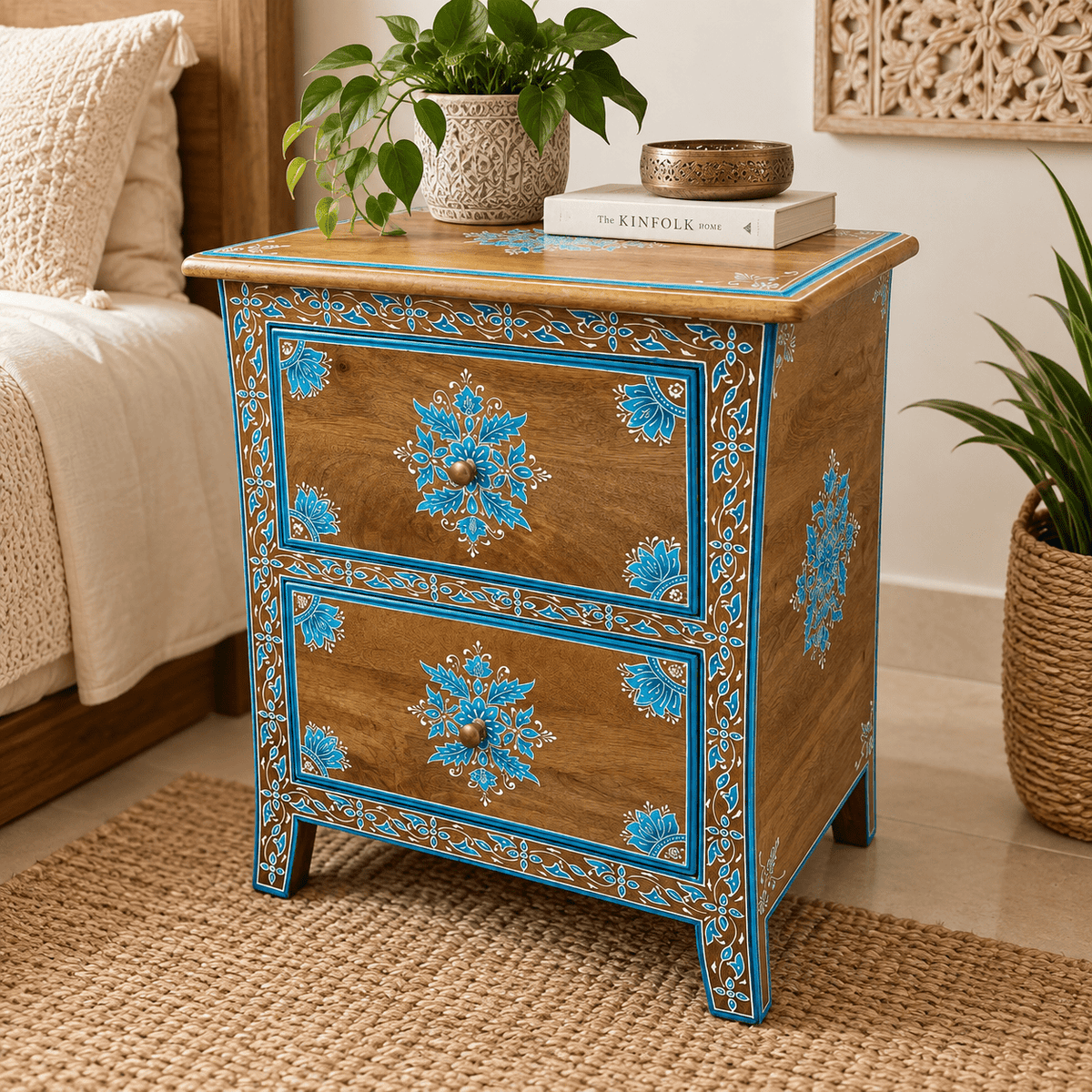 Mesa de Noche Anika Pintada a Mano en Madera - BOUTIQUEDELAINDIA
