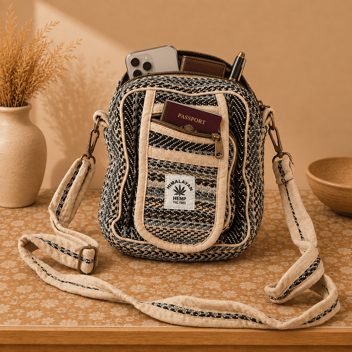 Bolso Bandolera Himalaya de Hemp en Tonos Neutros - BOUTIQUEDELAINDIA