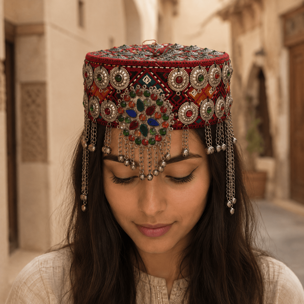 Gorro Tradicional Bharati Bordado con Adornos - Rojo - BOUTIQUEDELAINDIA