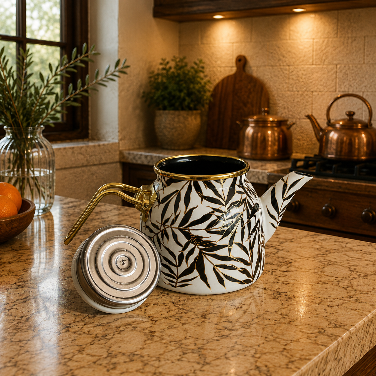 Tetera Botánica Zahra con Tapa – Blanco, Negro y Dorado - BOUTIQUEDELAINDIA