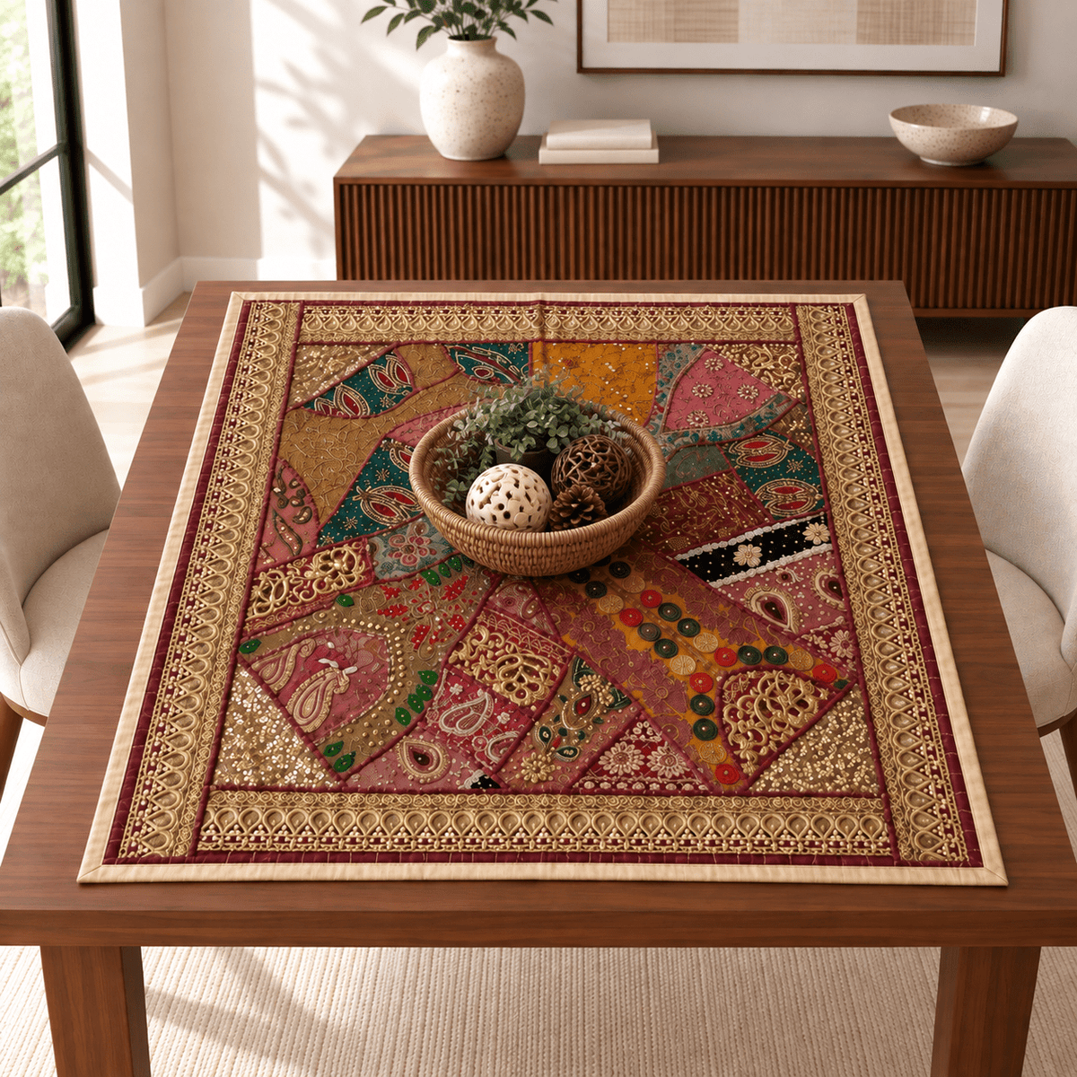 Mantel Patchwork Burdeos con Bordados Artesanales de Inspiración India - BOUTIQUEDELAINDIA