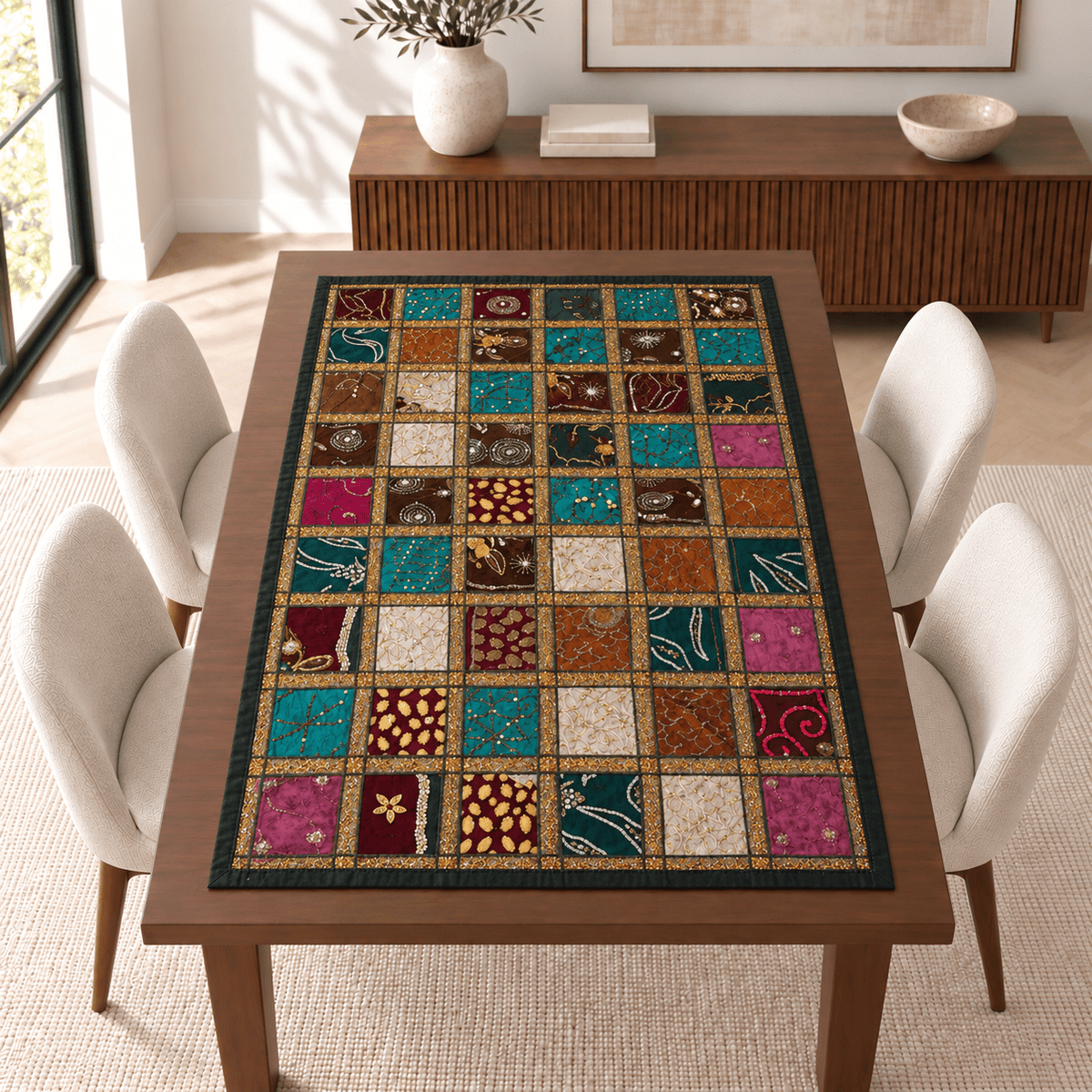 Centro de Mesa o Mantel Cuadrícula Bordada - BOUTIQUEDELAINDIA