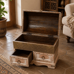 Baúl Artesanal Pushkar Azul con Cajones Decorativos Rosa - BOUTIQUEDELAINDIA