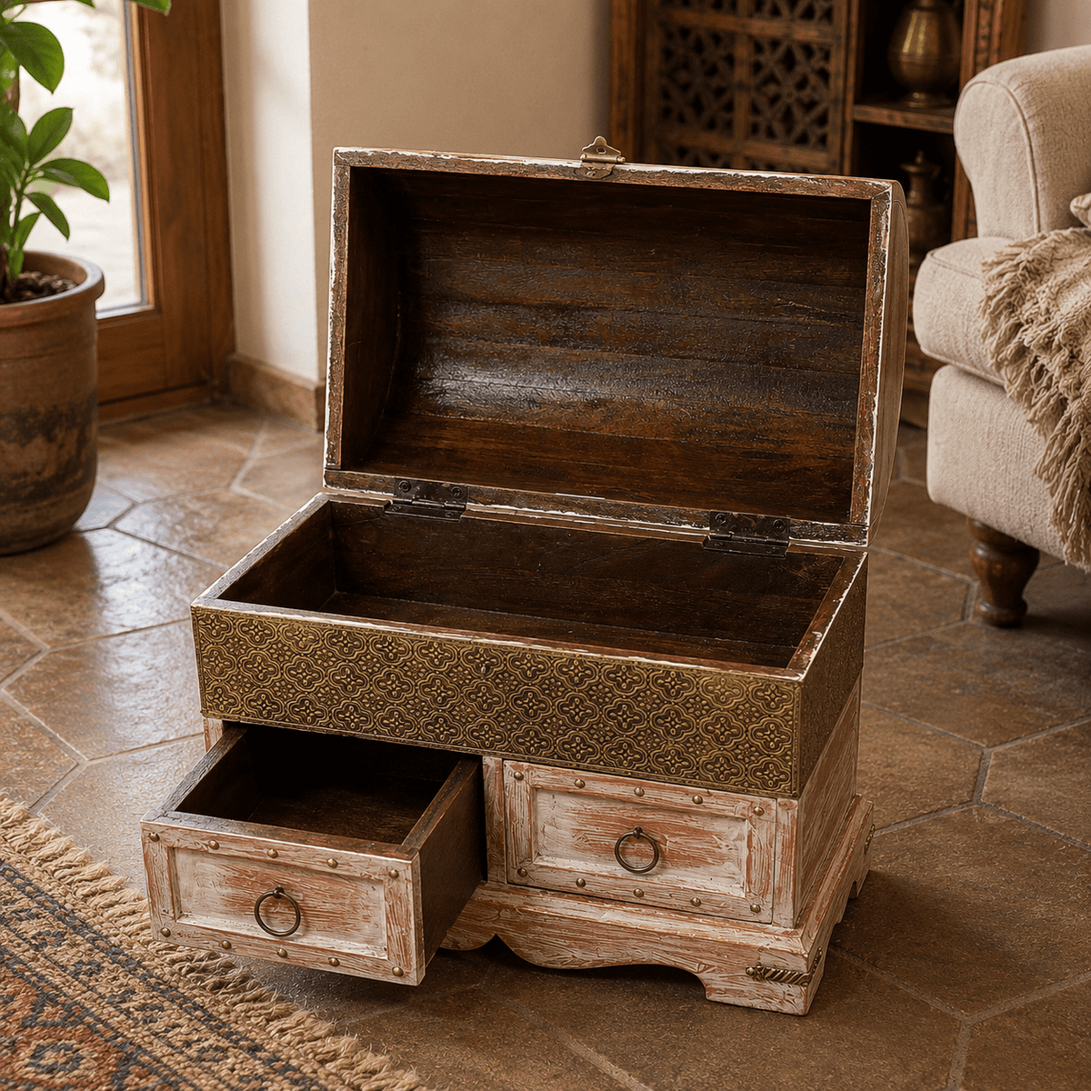 Baúl Artesanal Pushkar Azul con Cajones Decorativos Rosa - BOUTIQUEDELAINDIA