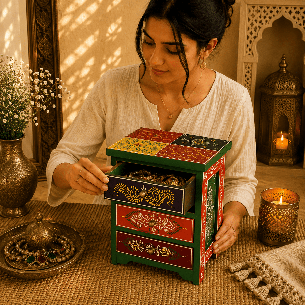 Joyero Organizador Trisha Verde - Artesanal - BOUTIQUEDELAINDIA