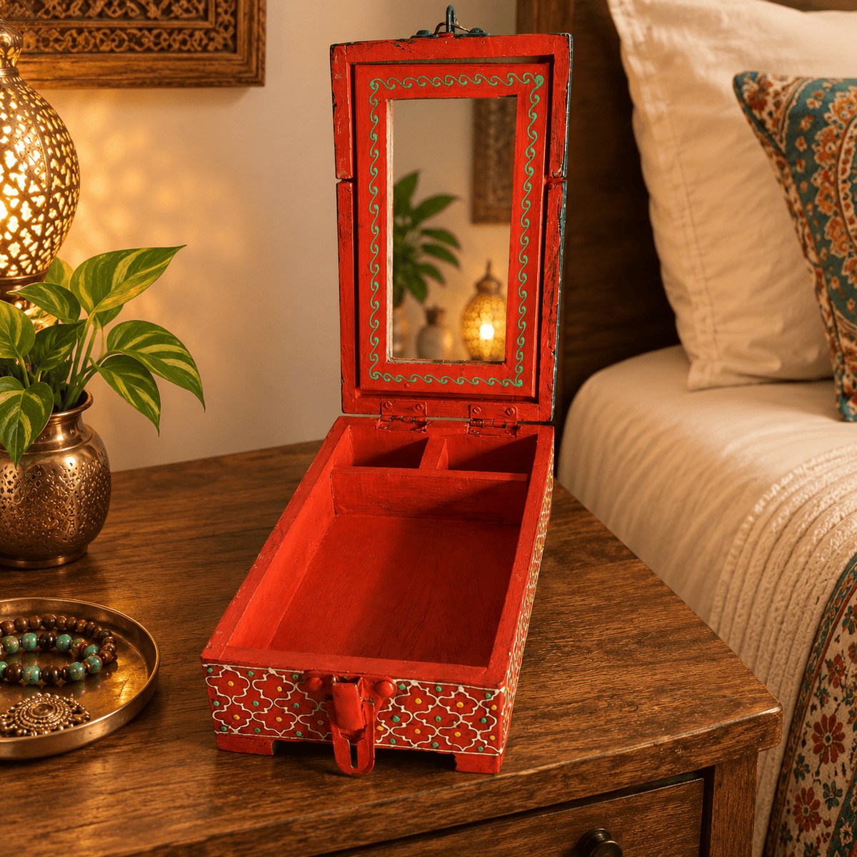 Joyero Artesanal Shringar con Espejo Plegable Naranja - BOUTIQUEDELAINDIA