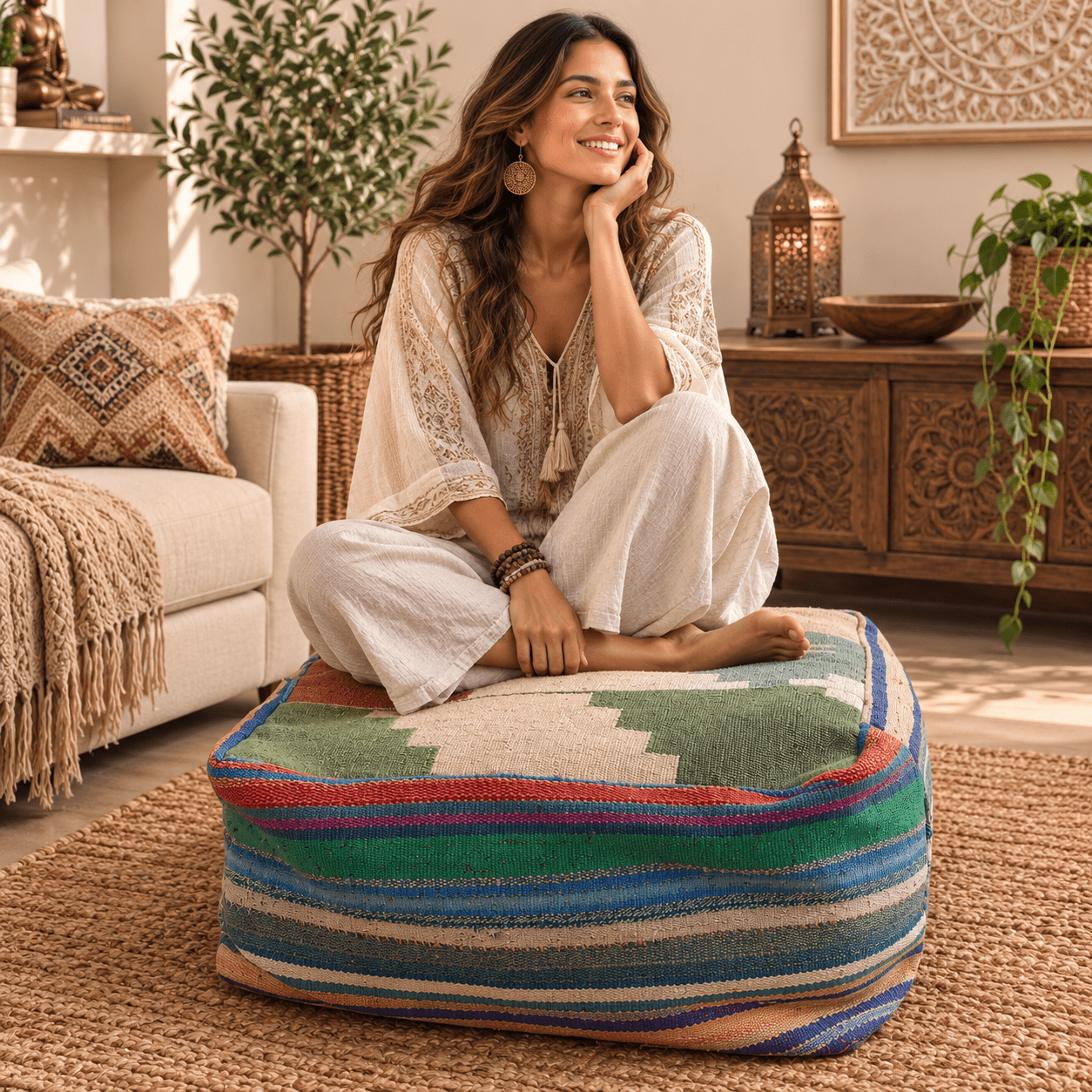 Puff Circular Kilim Esmeralda de Anatolia Turquía - BOUTIQUEDELAINDIA