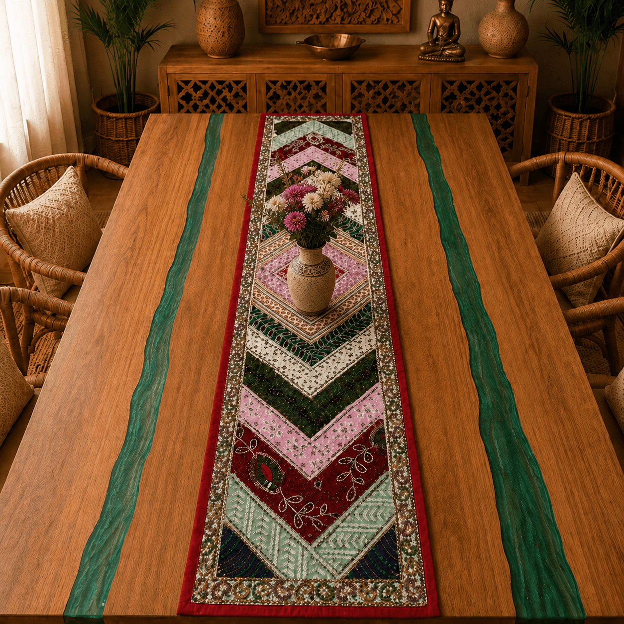 Camino de Mesa Artesanal Verde y Vino Pie de Mesa - BOUTIQUEDELAINDIA