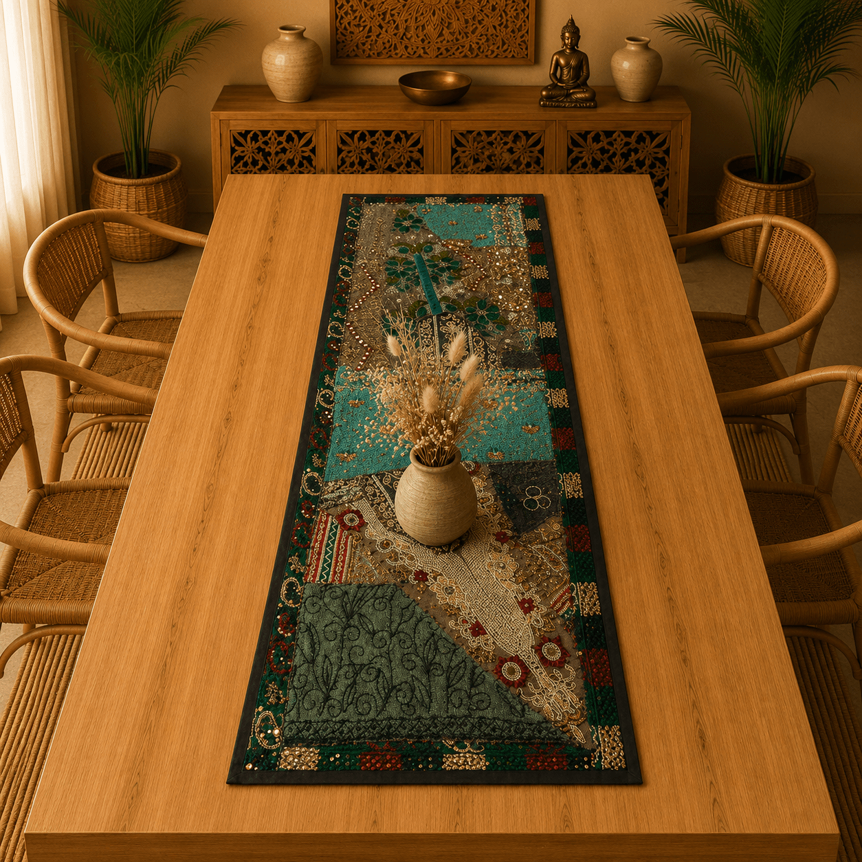 Centro de Mesa Decorativo Azul con Bordados Étnicos - BOUTIQUEDELAINDIA