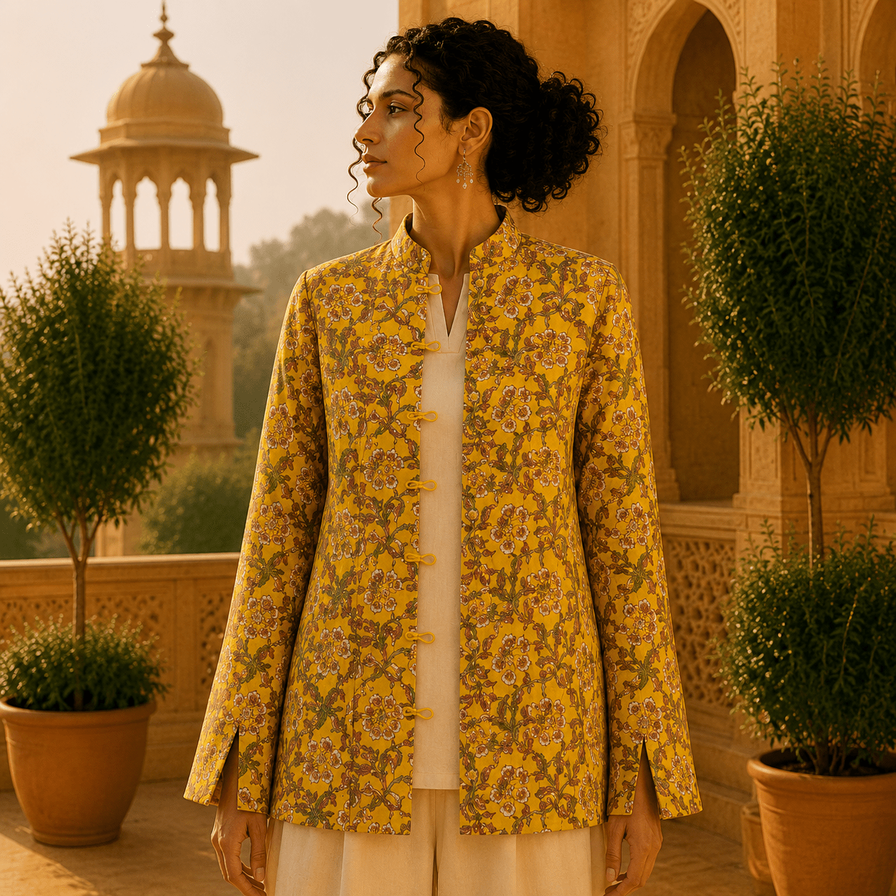 Chaqueta Doble Faz Mostaza Jaipur Chevron - BOUTIQUEDELAINDIA