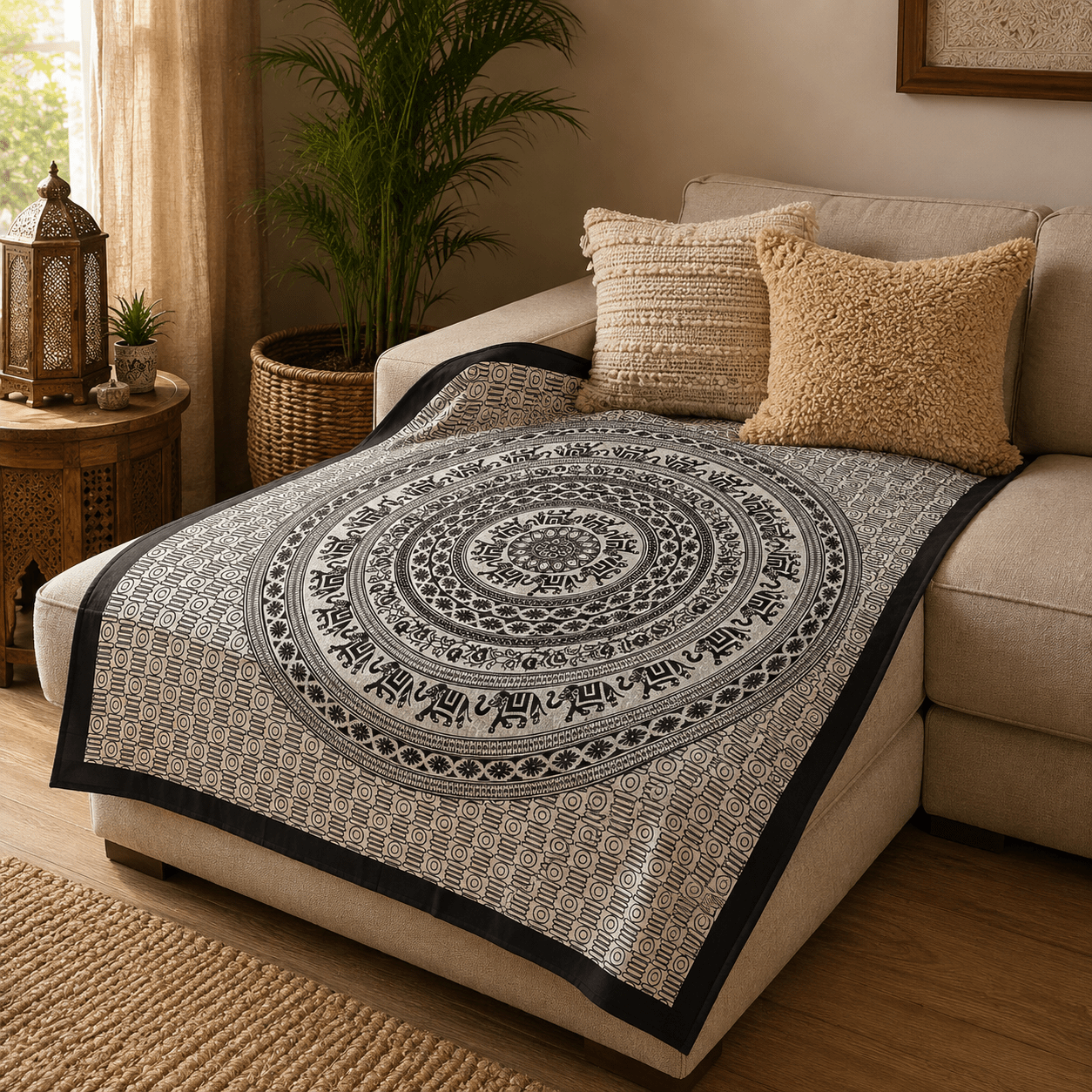 Tapiz Decorativo Mandala Gajendra Monocromático - BOUTIQUEDELAINDIA