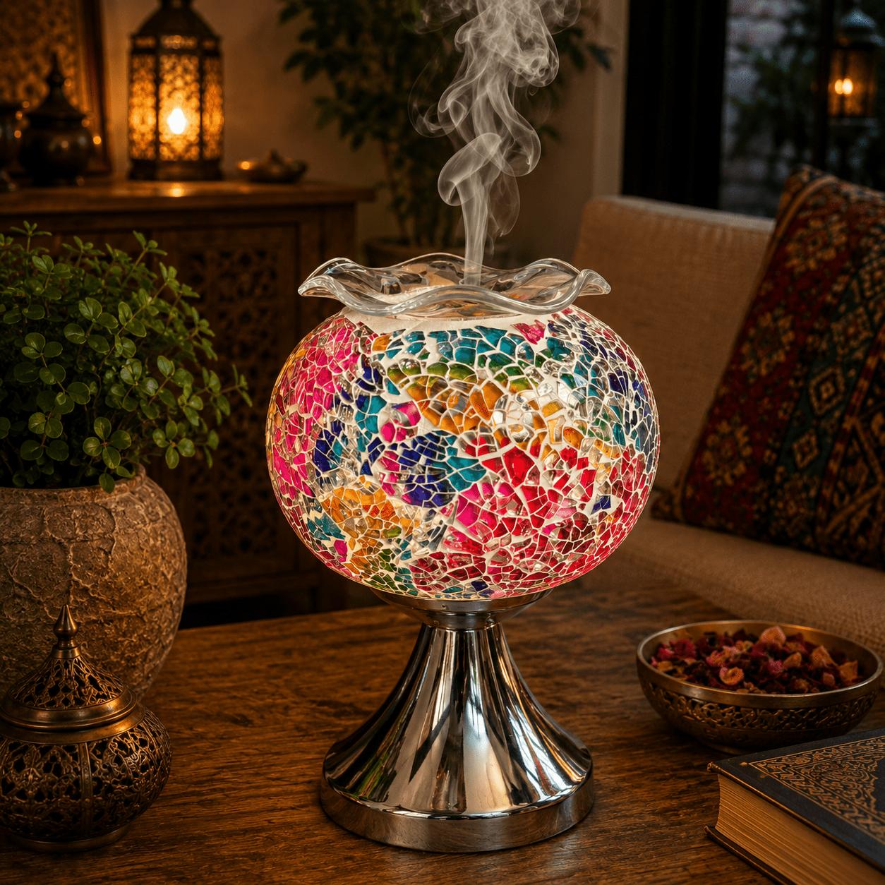 Lámpara Quemador de Esencias Turca Mosaico Grande Arcoiris - BOUTIQUEDELAINDIA