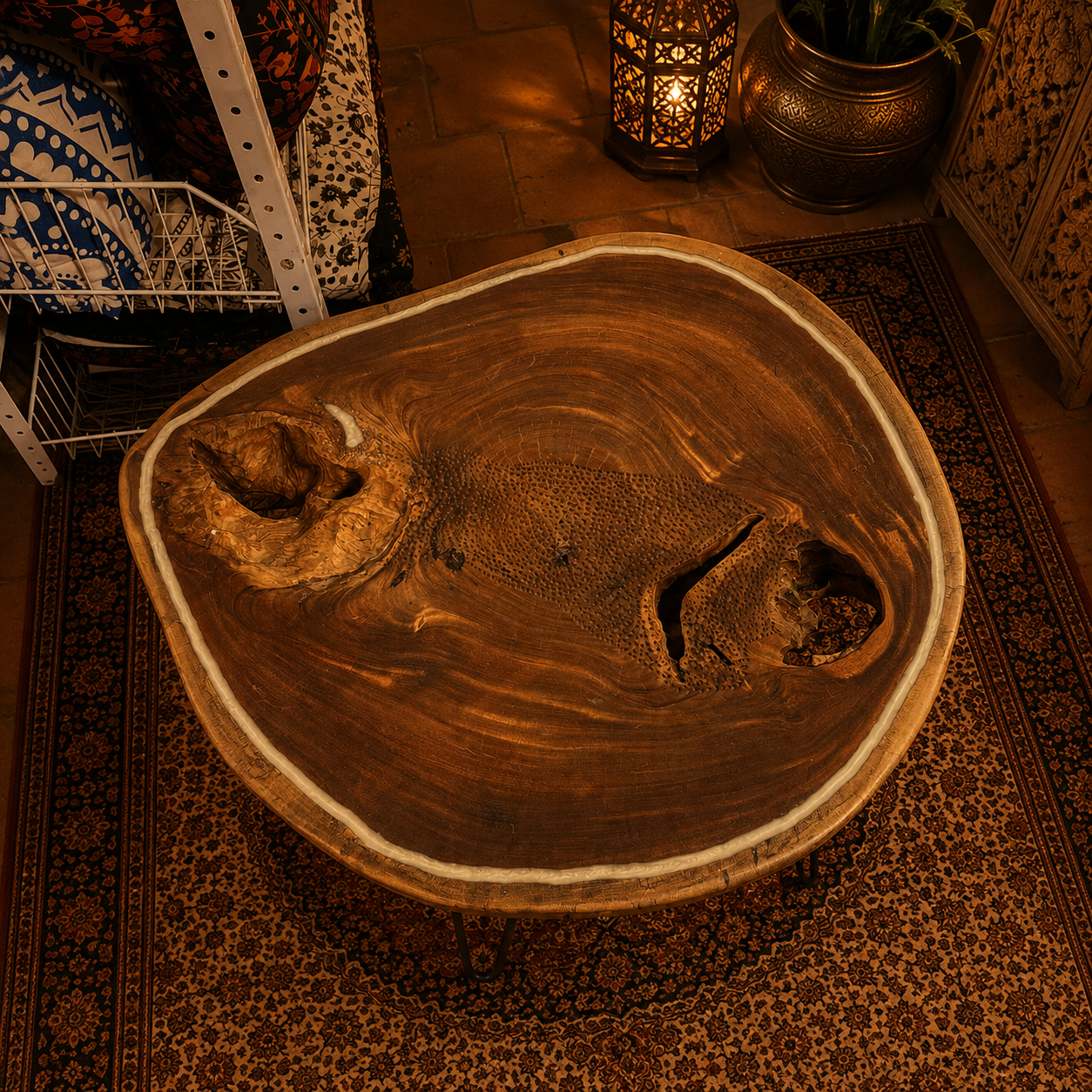 Mesa de centro artesanal, madera maciza, tronco natural, Boutique de la India Colombia.