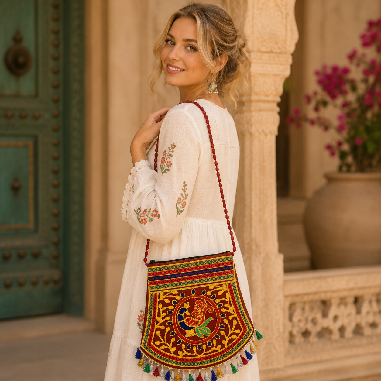 Bolso indio, bolso boho mujer, bordado, bolso con espejos India, cartera Boutique de la India Colombia.