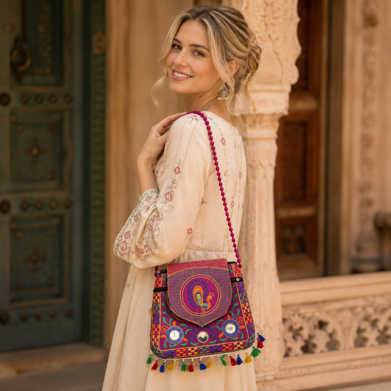 Bolso indio, bolso boho mujer, bordado, bolso con espejos India, cartera Boutique de la India Colombia.
